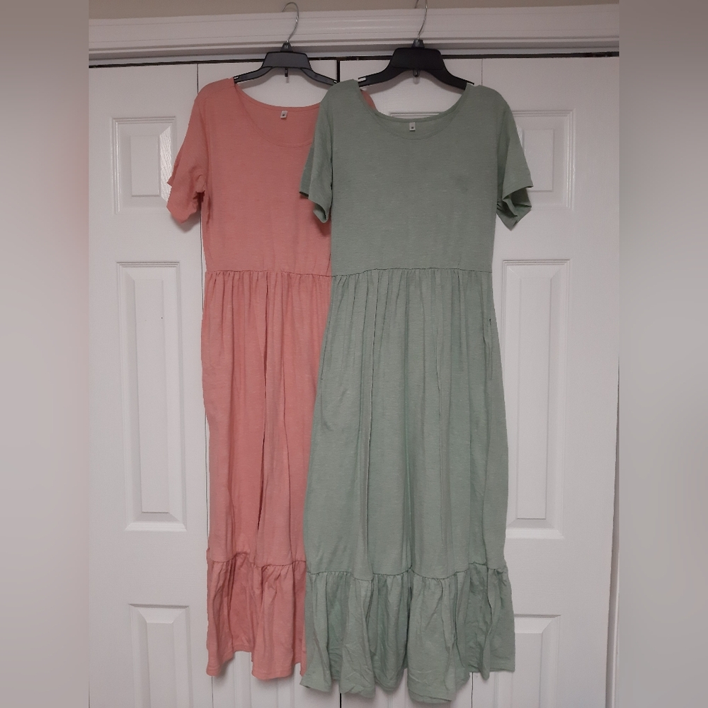 Women's Heather Pink and Green Ruffle Hem Maxi Dresses